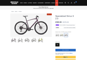 The Bicycle Chain product page showing a discounted Specialized Sirrus X 2.0 available only in XS.
