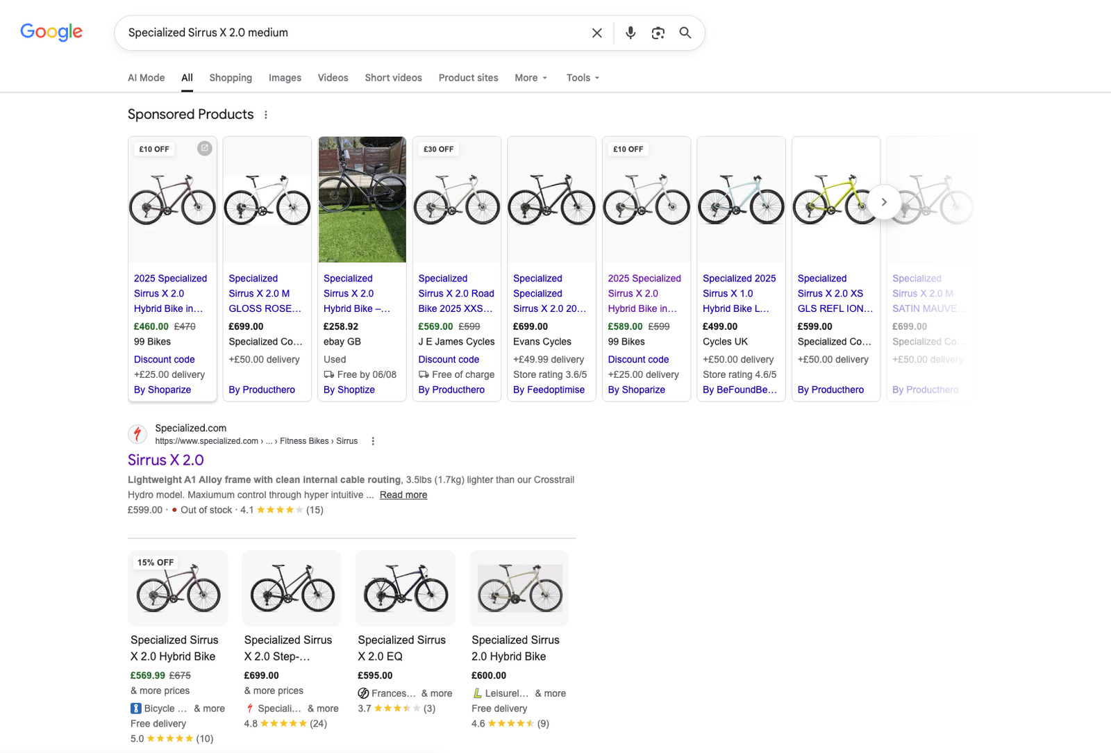 Google search results for Specialized Sirrus X 2.0 Medium, showing sponsored products with different prices.