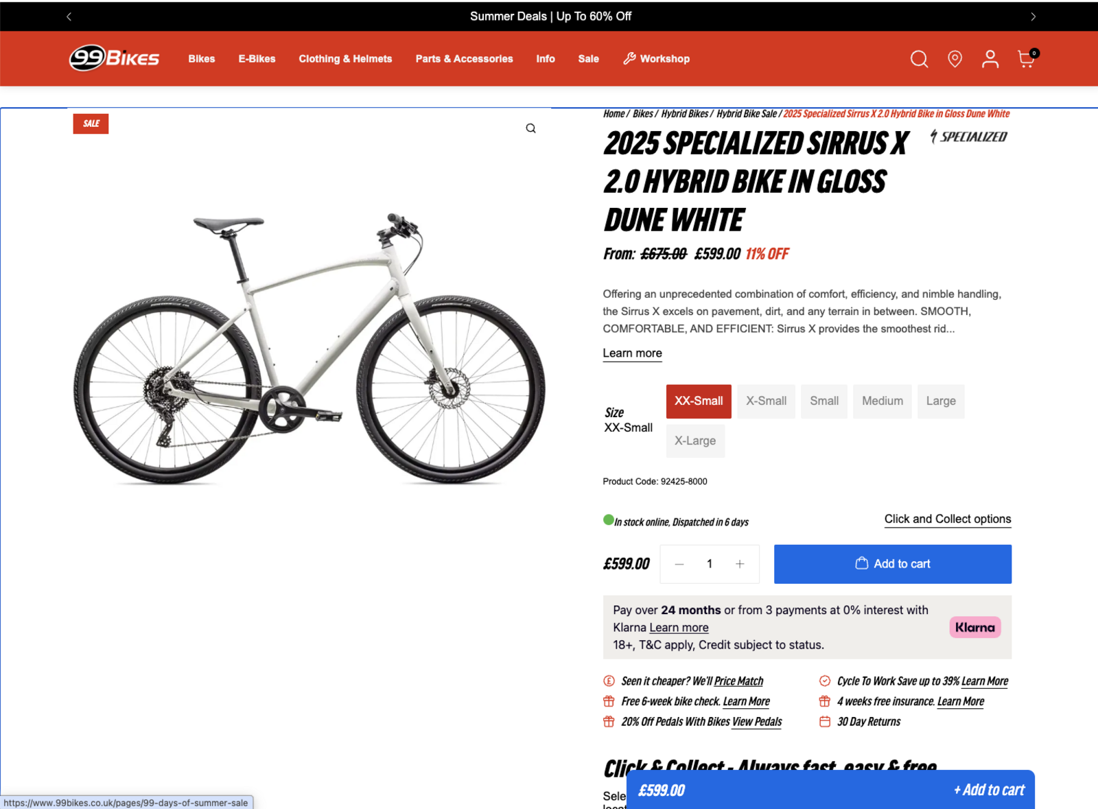 99 Bikes product page showing a discounted Specialized Sirrus X 2.0 with XX-Small selected.